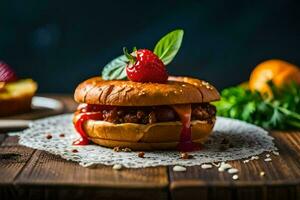 a hamburger with a strawberry on top. AI-Generated photo