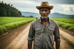 a man in a hat standing in a dirt road. AI-Generated photo