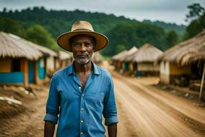 a man in a hat stands in front of a village. AI-Generated photo