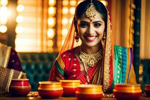 a woman in traditional indian attire is smiling. AI-Generated photo