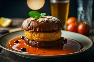 a burger with tomato sauce and cheese on a plate. AI-Generated photo