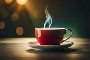 un rojo taza con un humeante caliente taza de café en un de madera mesa. generado por ai foto