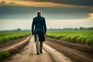 un hombre en un traje y sombrero camina abajo un suciedad la carretera. generado por ai foto