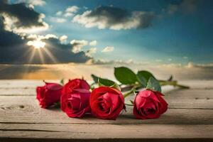 roses on a wooden table with sun rays and clouds. AI-Generated photo