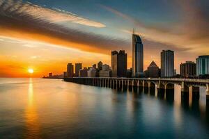 the sun sets over a city skyline and a bridge. AI-Generated photo