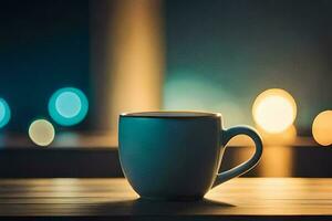 a coffee cup sitting on a table in front of a blurred background. AI-Generated photo