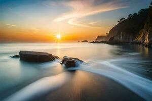 the sun rises over the ocean in this long exposure photograph. AI-Generated photo