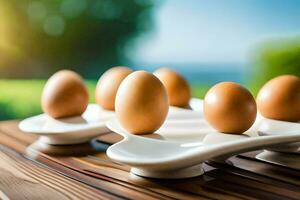 huevos en un bandeja en frente de un verde antecedentes. generado por ai foto