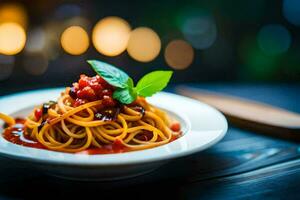 spaghetti with tomato sauce and basil leaves on a plate. AI-Generated photo