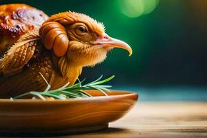 a chicken is sitting on a wooden plate. AI-Generated photo