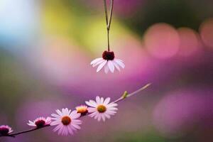 a flower hanging from a string in front of a purple background. AI-Generated photo