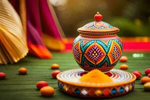 colorful decorative pot with colorful decorations on a table. AI-Generated photo