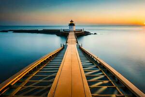 a lighthouse at sunset with a long pier. AI-Generated photo