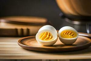 two hard boiled eggs on a wooden plate. AI-Generated photo