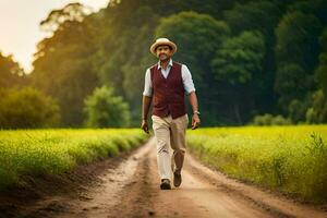 a man in a hat and vest walking down a dirt road. AI-Generated photo