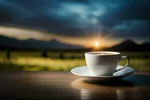 a cup of coffee on a table in the field. AI-Generated photo