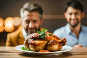 two men are sitting at a table with a roast chicken. AI-Generated photo