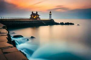 a lighthouse sits on the edge of the water at sunset. AI-Generated photo