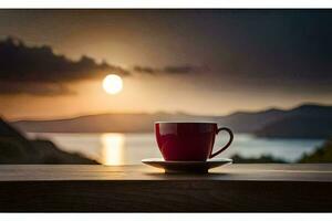 a cup of coffee on a table with the sun setting in the background. AI-Generated photo