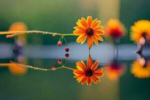 orange flower in the water with a reflection. AI-Generated photo