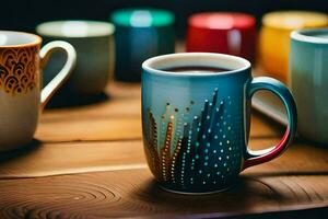 colorful coffee cups on a wooden table. AI-Generated photo