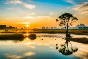 a tree in the middle of a marsh at sunset. AI-Generated photo