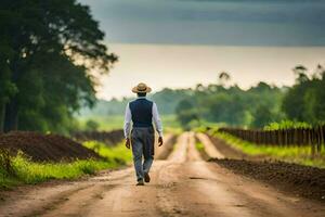 a man in a hat and suit walking down a dirt road. AI-Generated photo