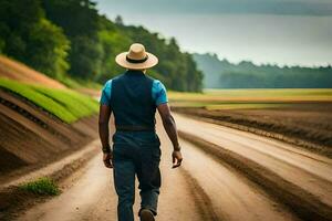 a man in a hat and vest walking down a dirt road. AI-Generated photo