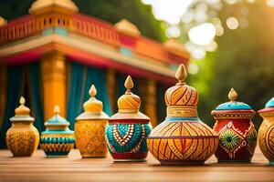 many colorful vases are lined up on a wooden table. AI-Generated photo