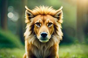 a lion is sitting in the grass with a sun in the background. AI-Generated photo