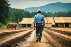 a man walking down a dirt road with elephants in the background. AI-Generated photo