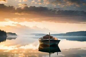 a boat sits on the calm water at sunset. AI-Generated photo