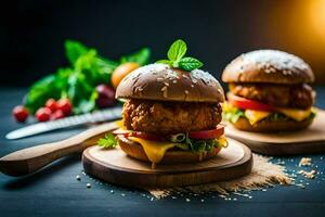 two hamburgers on wooden boards with vegetables. AI-Generated photo