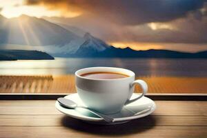a cup of coffee on a wooden table with a view of mountains. AI-Generated photo