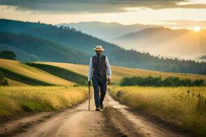 un hombre en un sombrero y traje caminando abajo un suciedad la carretera. generado por ai foto