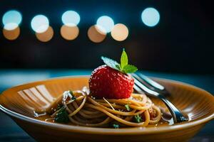 a plate of pasta with a strawberry on top. AI-Generated photo