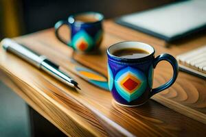 a coffee cup and pen on a wooden table. AI-Generated photo