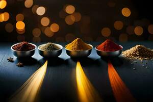 five different spices in bowls on a table. AI-Generated photo