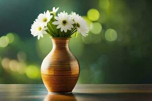 un florero con blanco flores en un mesa. generado por ai foto