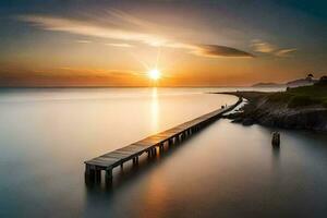 un largo exposición fotografía de un muelle a puesta de sol. generado por ai foto