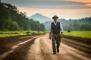 a man in a suit and hat walking down a dirt road. AI-Generated photo