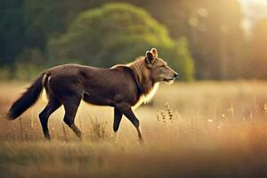 a brown wolf is walking through a field. AI-Generated photo