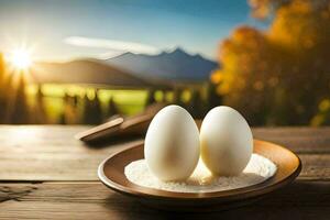 dos huevos en un cuenco en un mesa con un montaña en el antecedentes. generado por ai foto