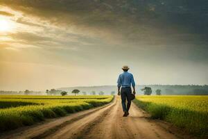 un hombre caminando abajo un suciedad la carretera en un campo. generado por ai foto