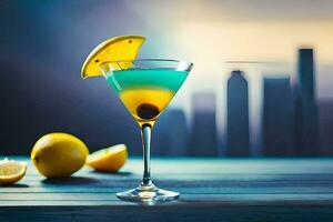 blue cocktail with lemon and a slice of lemon. AI-Generated photo