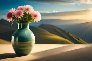 a vase with pink flowers sitting on a table in front of a mountain. AI-Generated photo