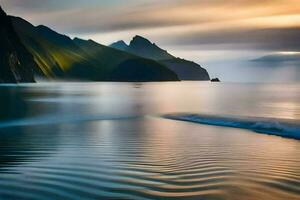 un ola es laminación en el Oceano a puesta de sol. generado por ai foto