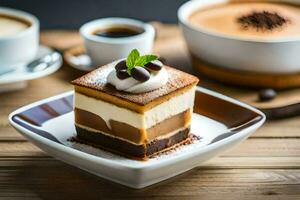 un rebanada de pastel con café y un taza de café. generado por ai foto