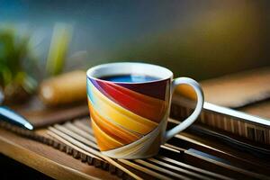 a coffee cup with a colorful design on it. AI-Generated photo