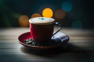 a cup of coffee with a bokeh background. AI-Generated photo